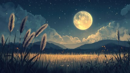A serene nighttime landscape featuring a full moon shining brightly in a starry sky with scattered clouds