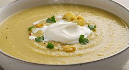 Creamy Cauliflower and Garlic Soup Garnished with Heavy Cream Recipe