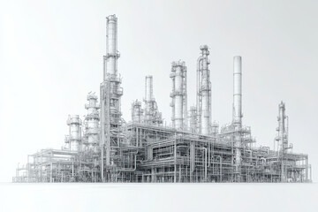 Obraz premium Industrial refinery with tall smokestacks emit fumes against a cloudy sky in stark black and white contrast.