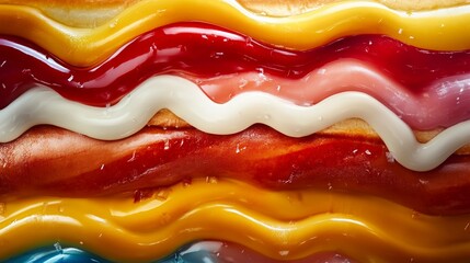 Colorful wavy layers of assorted sweet toppings and sauces in close-up view