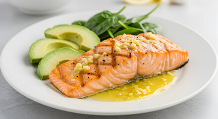 Grilled Salmon With Lemon Garlic Butter Sauce And Avocado On Plate