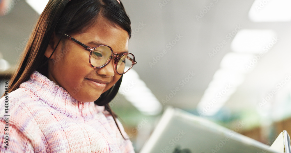Poster education, smile and kid reading book in library for learning skill, knowledge and info at school. c