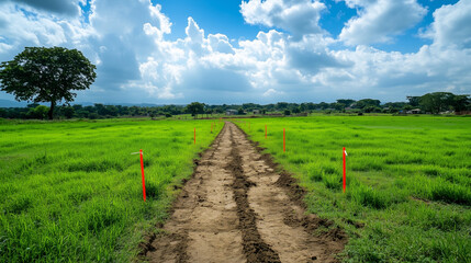 Unpaved earth path runs beside green field with red construction flags, suggesting infrastructure soon to come. Community growth symbolized in open space.