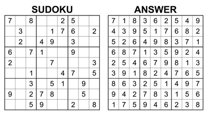 Vector sudoku with answer 25. Educational game with numbers for kids and leisure for adult on white background.