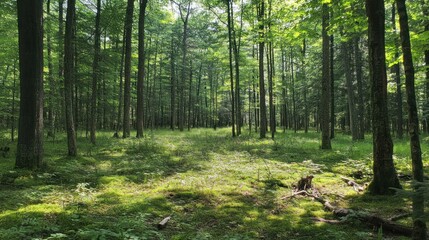 Obraz premium A dense forest with sunlight filtering through the trees