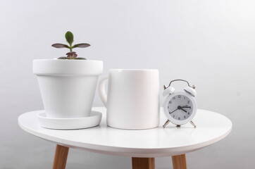 White ceramic cup with decorative plant in pot, alarm clock on table. Mockup for design