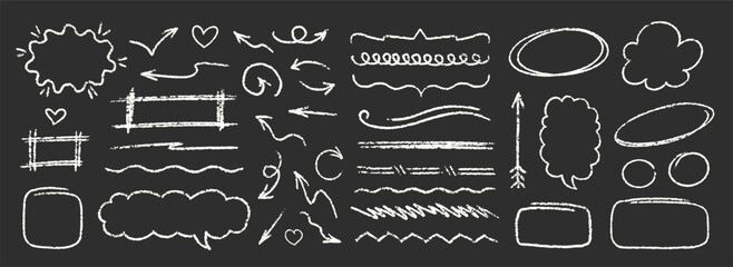 Cute Crayon Pencil Emphasis Squiggles Vector Set. Chalk Scribble Graffiti Arrows Frames Speech Bubbles Underlines. Hand Drawn Brush Texture Star Shapes Highlights. Pencil Childish Charcoal Doodles