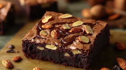 Fudgy brownies with a swirl of chocolate and roasted almond pieces on top 