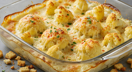 Fototapeta premium Cheesy Cauliflower Bake in Glass Dish Ready to Serve Photography