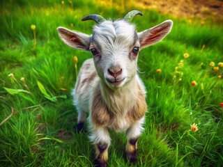 Fototapeta premium Adorable 3-Month-Old Pygmy Goat Kid Aerial View, Farm Animal Photography
