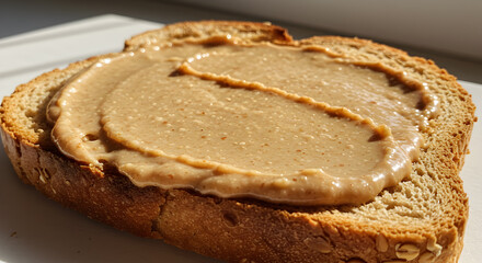 Naklejka premium Delicious Almond Butter Spread on Whole Grain Toast for Breakfast