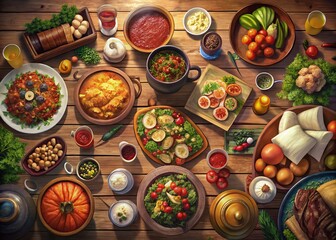 Abundant European & Slavic Feast: A Top-Down View of a Bountiful Table Awaiting Guests