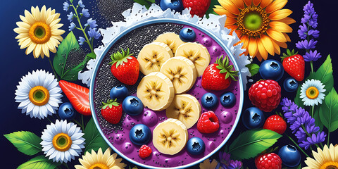 Vibrant Smoothie Bowl with Banana Slices Strawberries Blueberries and Colorful Flowers