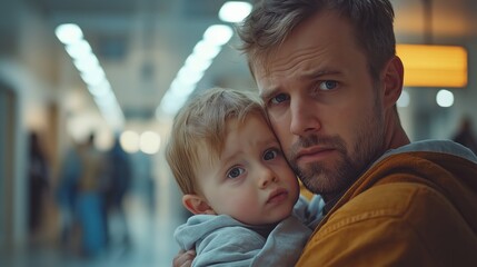 Obraz premium Father and son, concerned expressions, airport or mall