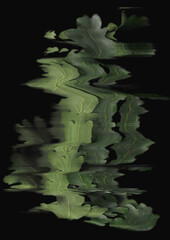 Oak branch scan background. Scanned green tree leaves bouquet. Glitchy abstract distorted plant. Colourful botanical photocopy with scanner noise effect.