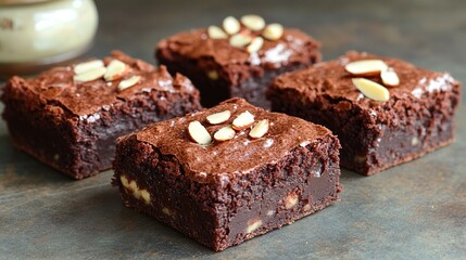 Fudgy brownies with a swirl of chocolate and roasted almond pieces on top 