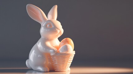 Ceramic Easter Bunny Holding Basket with Decorated Eggs Still Life