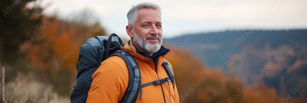 Poster a man with a backpack and a beard is smiling at the camera. he is wearing an orange jacket and he is