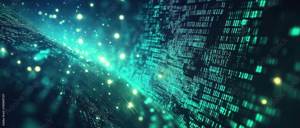 Poster abstract digital landscape with glowing data patterns