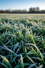 a close up of frost covered grass in a field