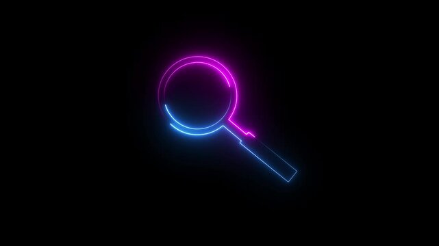 Neon Magnifying glass animation icon on transparent background with alpha channel. Neon search icon, searching concept