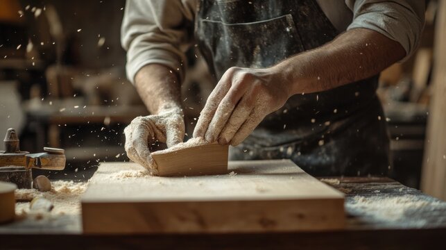 Carpenter sanding wood for a custom furniture piece. Featuring craftsmanship and care