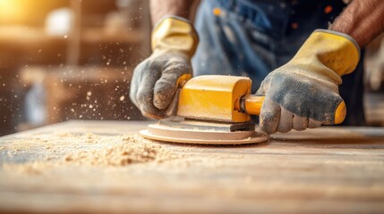 Carpenter sanding wood for a custom table. Featuring precision and attention to detail