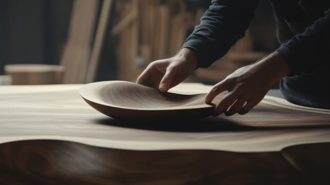 Carpenter sanding wood for a custom table. Featuring precision and attention to detail
