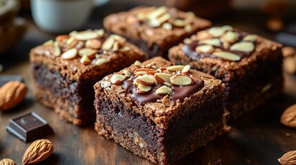 Fudgy brownies with a swirl of chocolate and roasted almond pieces on top 