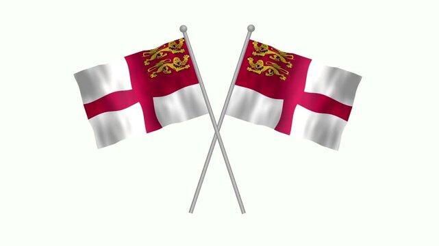 Flag of Sark, Cross table flag of Sark on white screen, Sark 3D Animation flag waving in the wind isolated on white Background. 
