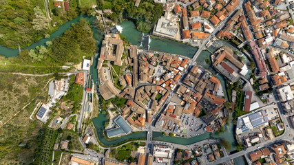 Aerial perpendicular view of Isola del Liri, known as Isola Liri. It is an Italian city of Lazio,...