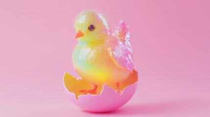 Cute Easter Chick Hatching From Eggshell on Pink Background for Spring