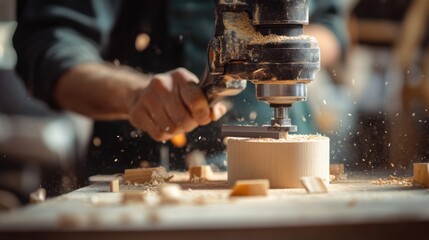 Carpenter using a router to shape wood. Featuring craftsmanship and technique