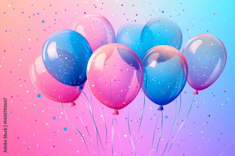 Poster pink and blue balloons floating with falling confetti on a gradient background, creating a festive a
