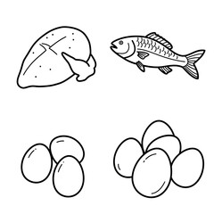 Chicken Breast, Fish, Eggs Illustration: A simple line drawing illustration featuring chicken breast, fish, and eggs. Perfect for illustrating healthy eating, dietary needs, or food-related concepts.