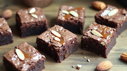 Rich and fudgy brownies with slivers of almond and a drizzle of caramel sauce 