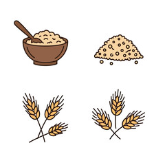 Oatmeal and Wheat: A simple yet elegant illustration featuring a bowl of oatmeal, a pile of oat flour, and two sets of wheat stalks. This image is perfect for illustrating recipes.