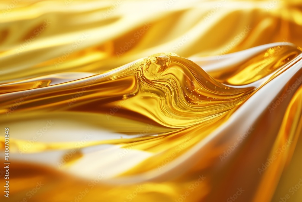 Poster golden liquid flowing and forming gentle waves with bubbles, creating a luxurious and elegant visual