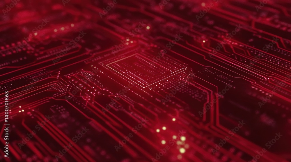 Poster abstract red circuit board with glowing lines and patterns