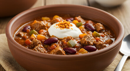 Fototapeta premium Delicious Low Carb Chili Bowl Topped with Sour Cream on Wooden Table