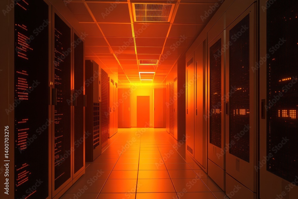 Poster illuminated corridor in a data center with servers