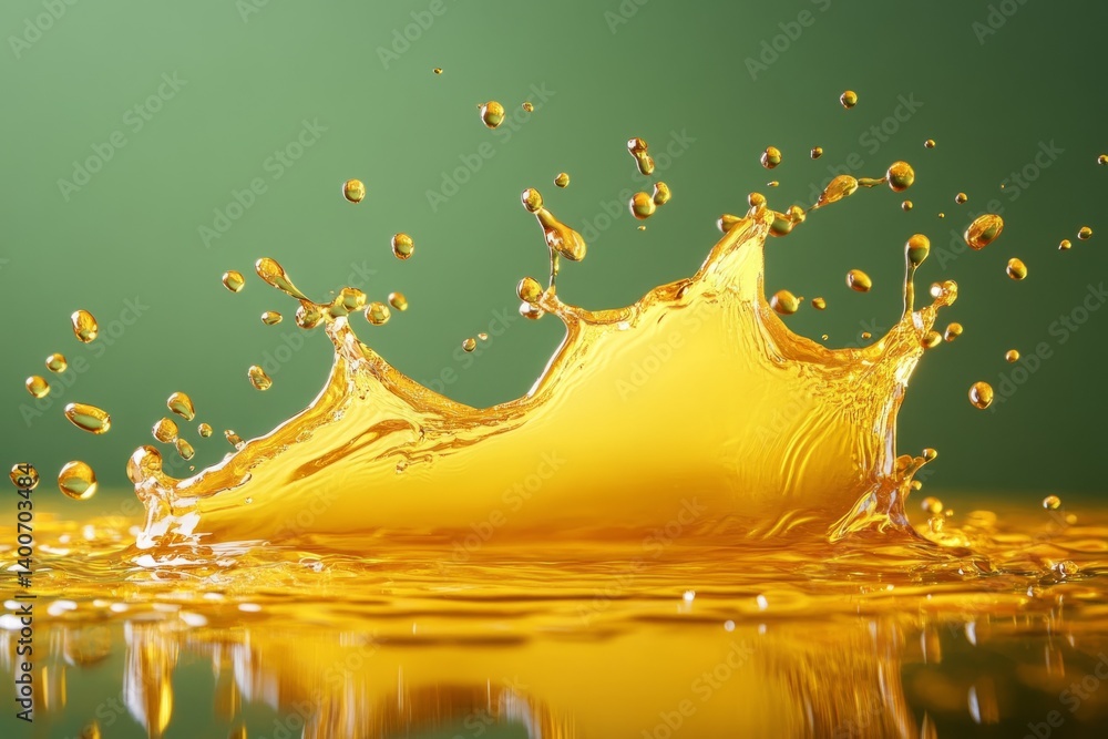Poster golden liquid splashing and making drops on a green background, creating a dynamic and refreshing vi
