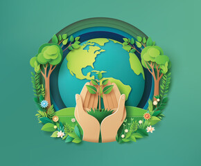 Save the Earth Concept with Hands Holding Green Planet