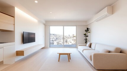 Modern, minimalist living room with a view.  Bright, airy space featuring light wood tones and beige accents.  Open floor plan seamlessly integrates living, dining, and kitchen areas.