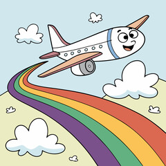 Naklejka premium Friendly airplane emoji landing on a rainbow runway