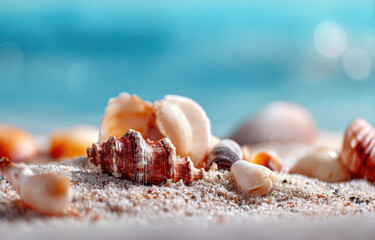 Seashells of different shapes and sizes lie on soft sand, illuminated by warm sunlight with ocean waves gently rolling in.