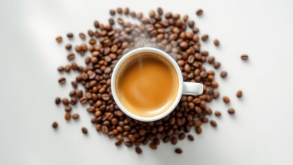 a steaming cup of espresso coffee on a white surface, with some coffee beans scattered around it