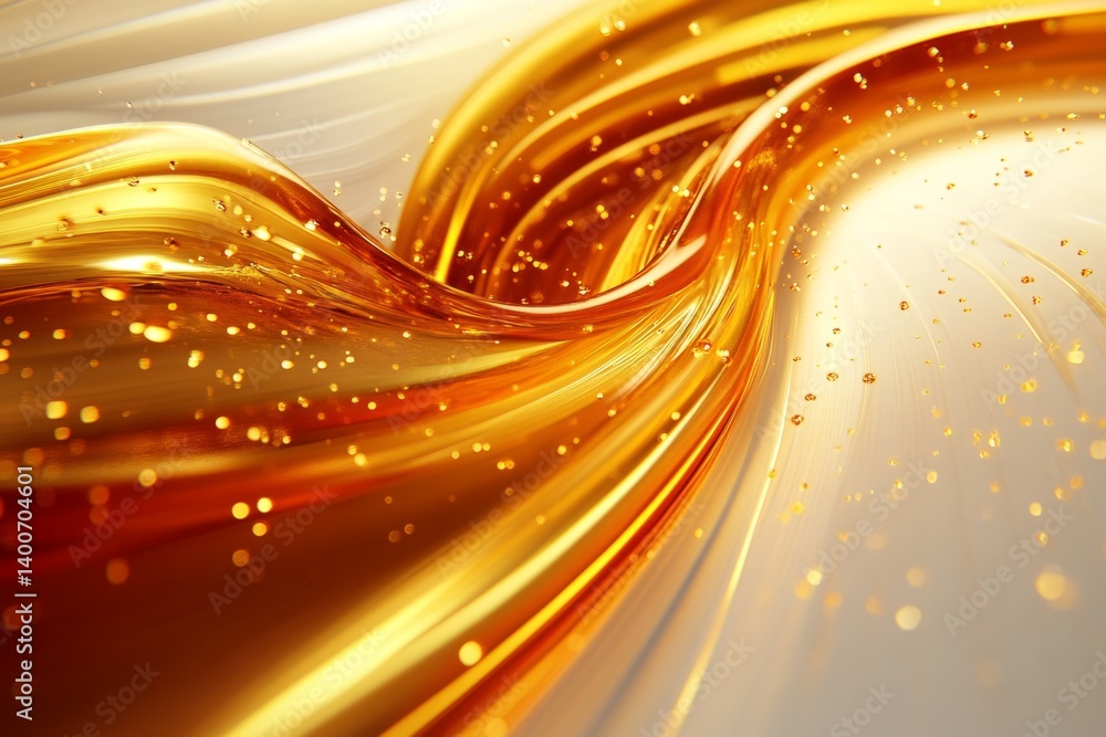 Poster golden, viscous liquid flowing and swirling, creating an abstract design with small bubbles