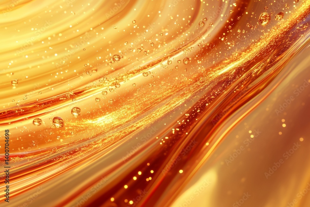 Poster golden liquid flowing smoothly with bubbles and sparkling particles creating a luxurious and elegant
