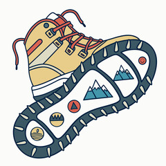 Naklejka premium Hiking boot emoji with small mountain icons as treads
